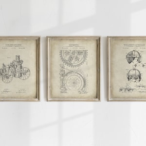 Steampunk Patent Prints - Set of 3 - Steam Engine, Gearing, Goggles - Printable Art, Steampunk Wall Art, Steampunk Décor - INSTANT DOWNLOAD