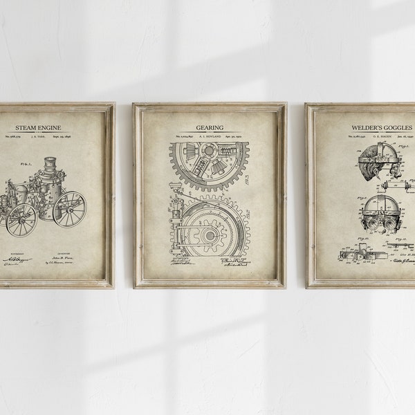 Steampunk Patent Prints - Set of 3 - Steam Engine, Gearing, Goggles - Printable Art, Steampunk Wall Art, Steampunk Décor - INSTANT DOWNLOAD