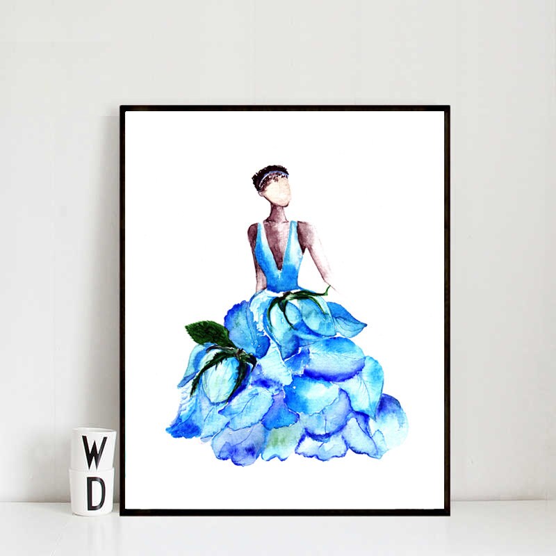 Princess Art Blue Flower Girl Watercolor Art Print Nursery Etsy