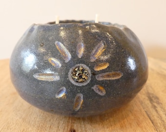 Handmade Pottery Candle with Sunburst Etching and Delicious Honeysuckle-Bamboo Scent
