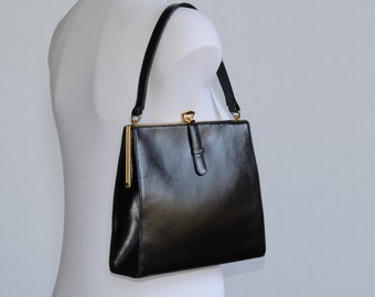 English Made, LANCA, Classic BLACK, Top Handle , FRAME / Tote / Grab Handbag , C. 1950s-60s, Small- Medium Size