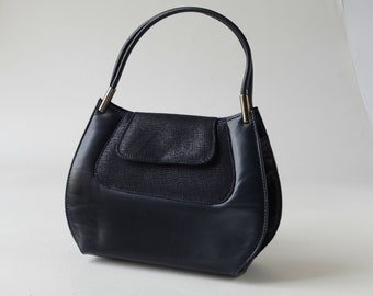 Made in Italy, Vintage SAATCHI, Dark NAVY Blue LEATHER, Tote / Grab / Shoulder Bag, Party / Cocktail / Occasion, Small Size