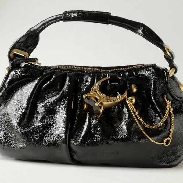 Vintage, JUICY COUTURE, Soft BLACK Patent Leather, Baguette-Style Grab / Over-Arm Bag, Small-Medium Size