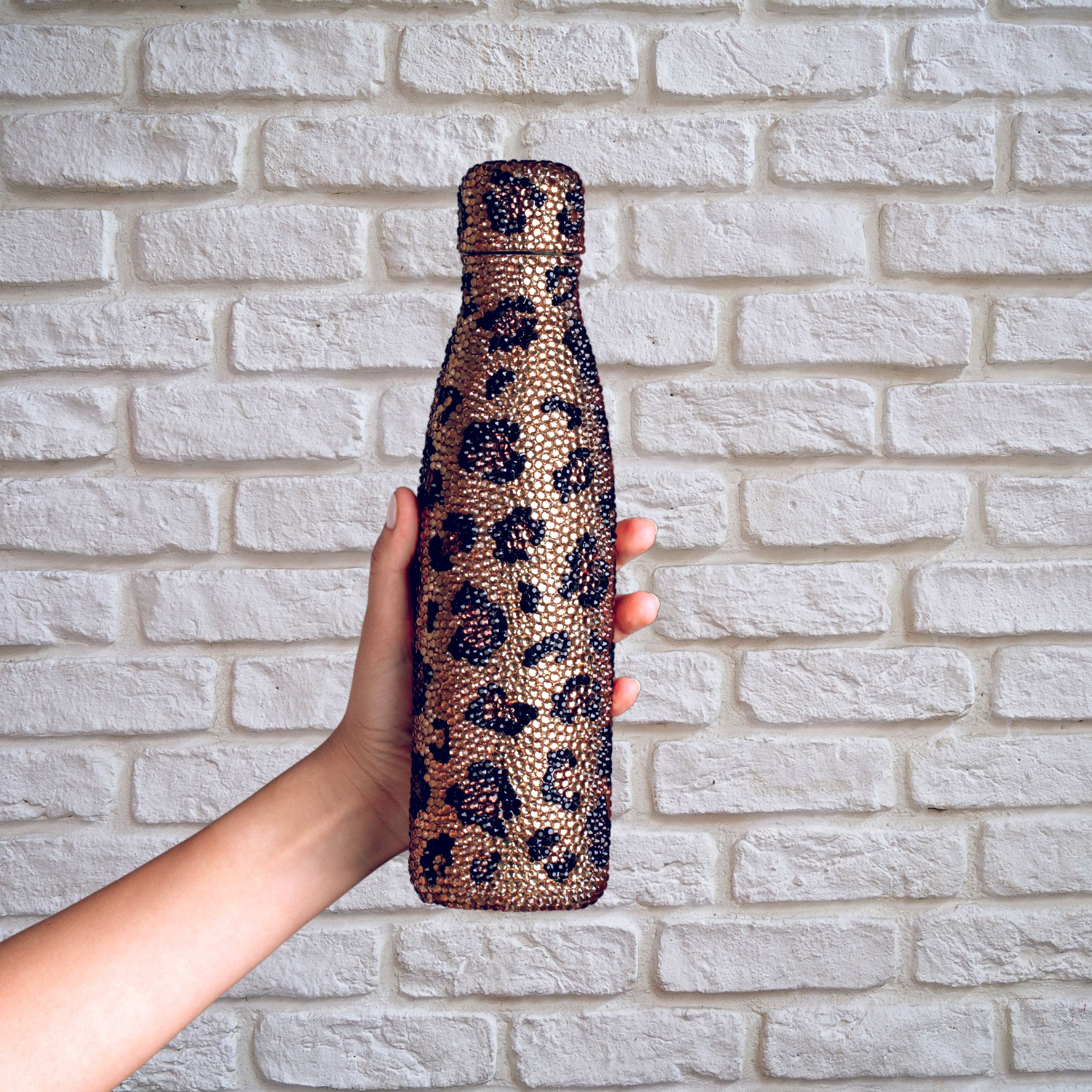 Leopard Print Heart Reusable Water Bottle - 600ml Aluminum, Two Lids (Sports Cap & Carabiner Clip) - View #9