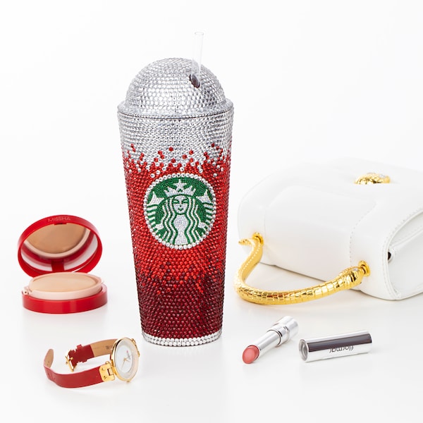 Bedazzled Red Bling Tumbler with Straw, 24 oz Reusable Rhinestone Starbucks Coffee Cup, Halloween Gifts for Her by ElvinX