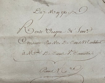 Document français ancien de 1780, manuscrits, manuscrits, calligraphie, pièces éphémères anciennes de France, morceau d'histoire