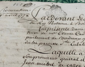 Document français ancien de 1778, manuscrits, écrits à la main, calligraphie, objets anciens éphémères de France, morceau d'histoire