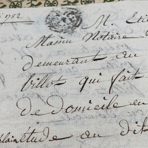 Documento francese del 1782, manoscritto, oggetti effimeri antichi scritti a mano dalla Francia, calligrafia, documento storico, forniture per diari