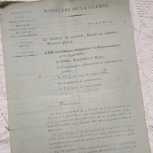 Documenti vintage dell'esercito francese del Ministère de la Guerre, 1813, manoscritti antichi, documenti di storia antica dalla Francia