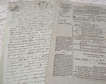 2 papiers français anciens des années 1800, documents anciens de France, manuscrits, calligraphie, documents éphémères vintage, morceau d'histoire