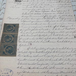 Antico manoscritto francese del 1883 con timbri o timbres fiscaux, documenti originali antichi dalla Francia, documenti storici