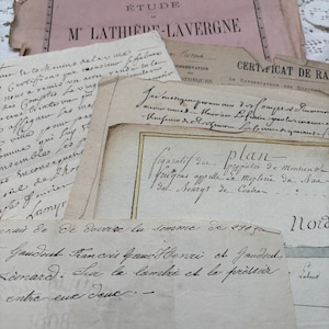 Pacchetto di 6 carte francesi assortite, antichi documenti manoscritti del 1800 in Francia, manoscritti e ricevute del XIX secolo, effimeri