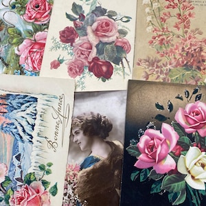 5 cartes postales vintage de fleurs, françaises, éphémères en papier de France, artisanat, scrapbooking, journaux, papier vintage
