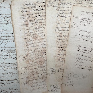 Raccolta di 4 documenti contabili originali manoscritti francesi del 1700, manoscritti antichi dalla Francia, effimeri documenti storici