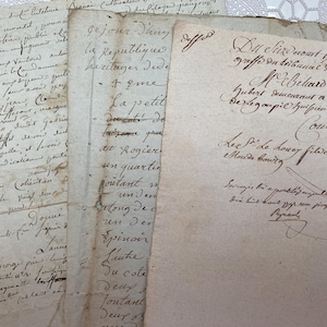 Raccolta di 3 documenti manoscritti originali francesi, 1700 e inizio 1800, manoscritti antichi dalla Francia, effimeri documenti storici