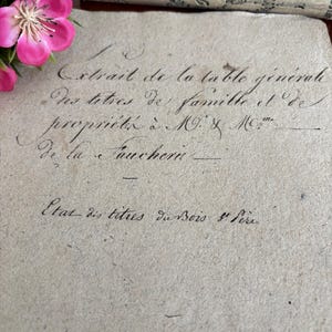 Documento manoscritto francese di 28 pagine, "Extrait de la table générale des titres de famille...", documenti storici antichi originali dalla Francia