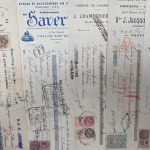 5 ricevute francesi originali, lettere di cambio, ordine di pagamento, assegni, anni '20 e '30, effimeri documenti cartacei d'epoca dalla Francia, storia