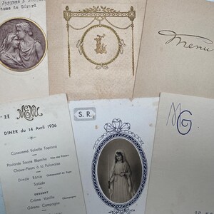 Alte französische Menükarten Hochzeit {5}, 6 Stück, 1900 - 1950er Jahre, Vintage Papier Ephemera aus Frankreich, Heirat, romantisch, historische Dokumente