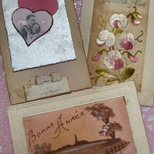 3 cartes postales vintage faites main, en soie, romantique, début des années 1900, française, papier éphémère de France, scrapbooking, journaux intimes,