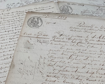 One 1829 handwritten French notary document, antique papers, original vintage ephemera from France