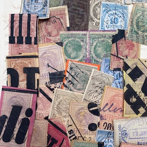 Original French stamps and fragments in a variety of colours and backgrounds, timbres fiscaux, vintage historical paper ephemera from France