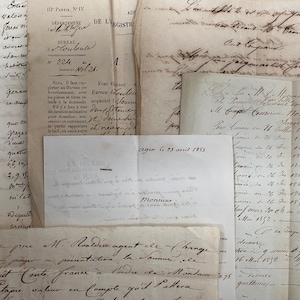 Pacchetto di 6 carte francesi assortite, antichi documenti manoscritti del 1800 in Francia, manoscritti e ricevute del XIX secolo, effimeri