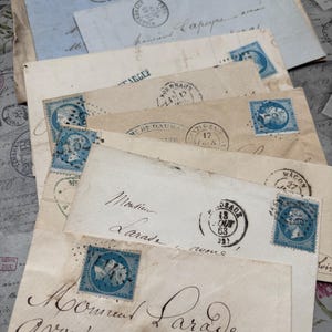 Paquete de 10 cartas y sobres franceses originales del siglo XIX con sellos postales azules, efímeras de papel vintage de Francia.