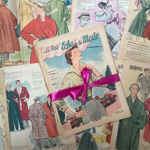 Magazine pages, 1950s French vintage fashion, original paper ephemera from France, Paris, decor, collages, junk journal supplies