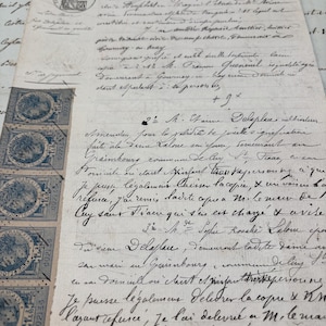 Antico manoscritto francese del 1883 con timbri o timbres fiscaux, documenti originali antichi dalla Francia, documenti storici