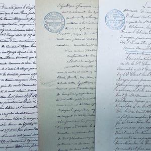 Raccolta di tre documenti originali francesi su carta blu/grigia, manoscritti antichi dalla Francia, manoscritti, calligrafia
