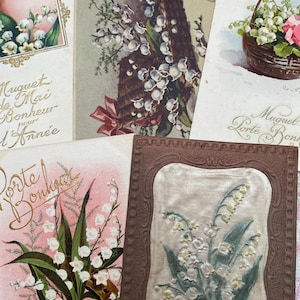 5 cartes postales vintage muguet ou muguet, françaises, papier éphémères de France, travaux manuels, scrapbooking, journaux, papier vintage