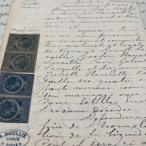 Antico manoscritto francese del 1885 con timbri o timbres fiscaux, vecchi documenti originali dalla Francia, documenti storici