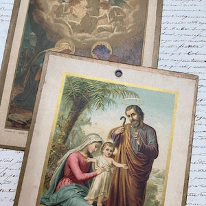 Deux images religieuses vintage sur carte, Noël et La Sainte Famille, souvenirs pieux, église catholique, éphémères chrétiens vintage français