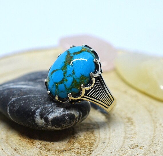 Sólido anillo de hombre de plata esterlina 925 piedras preciosas de color turquesa hecho a mano estilo turco 
