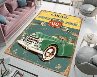 Retro Rug, Root 66 Garage Service Repair Retro Rug, Old American Classic Car Rug, Garage Rug, Sports Car Rug, rugs for bedroom aesthetic