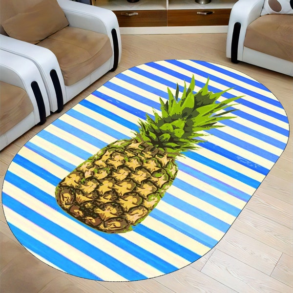 Striped Pattern,Pineapple,Fruit Area Rug,Pineapple Pattern,Blue Rug,Kitchen Rug,Oval Rug,Aesthetic Rug,Bath Mat,Oval Home Decor,Washable Rug