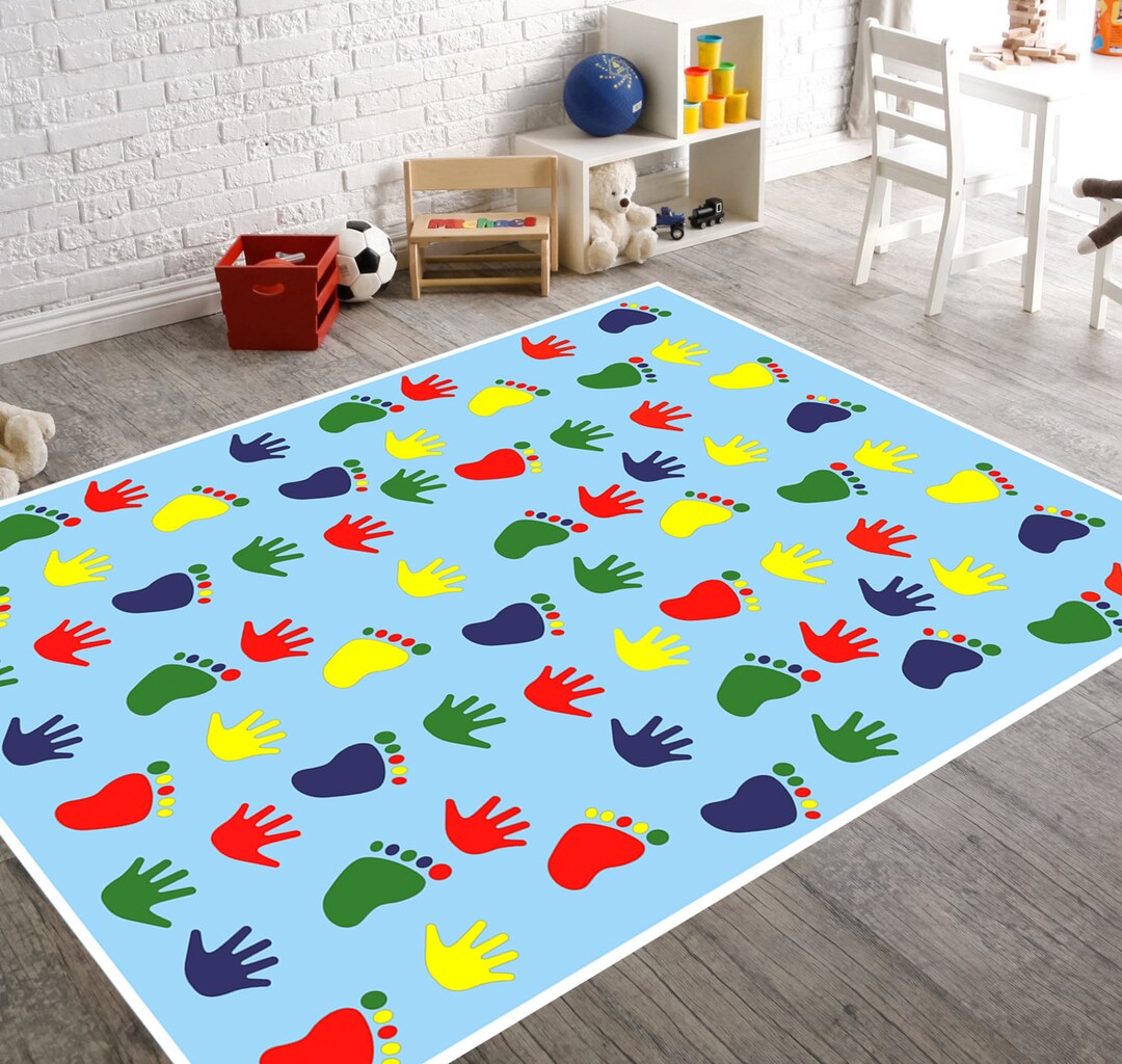 Blue Rug, Nursery Rug, Hand and Foot Rugs, Personalized Rug, Kids Rug