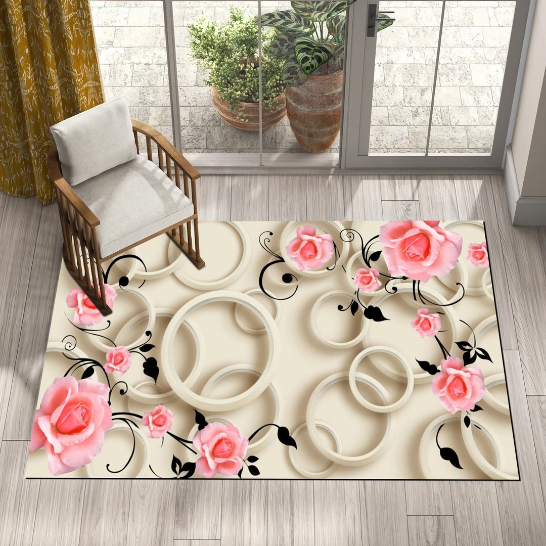 Floral Art Rug, Red Rose Rug, Circles and Flowers Rug, Nature Rug