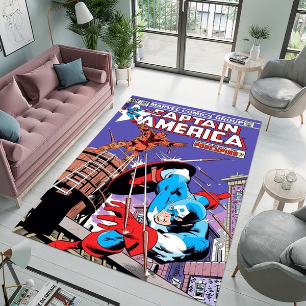 Captain America Comics Rugs,Cartoon Rug,Gift for Him,Boys Room Rug,Kids Gift,Themed Rug,Modern Rug,Washable Rugs,Non-Slip Rug,Gift for Him