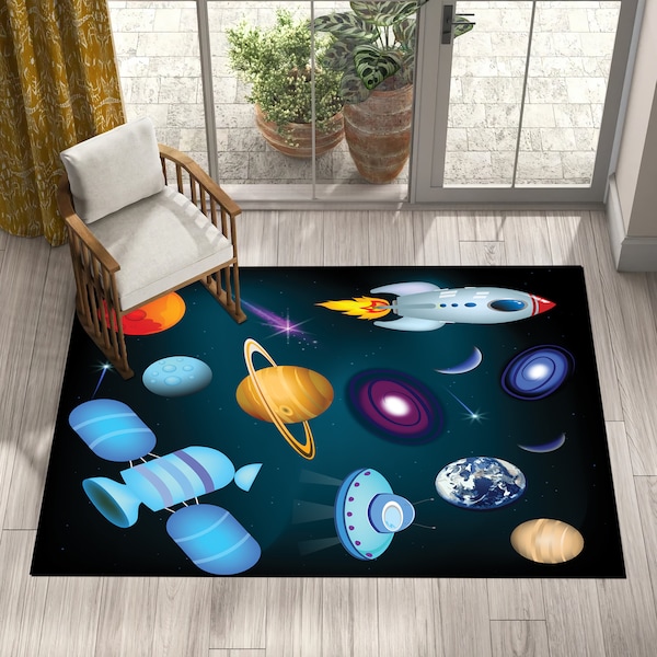 Blue Rug, Space, Planets, Galaxy Design Kids Rug, Rocket Rug, Boy Rug, Toddler Boy Room, Children Rug, Kid Bedroom Rug, Soft Rug