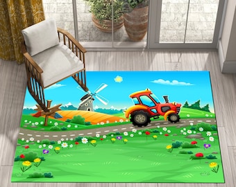 Tractor, Farm Rug, Sky, Forest, Green Rug for Children, Game Rug, Kids Room Rug, Soft Rug, Living Room Rug, Area Rug, Kids Room Decor