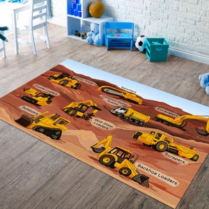 Construction Vehicles Rug, truck, bulldozer, excavators, Construction Yard Rug for Children, Game Rug, Kids Room Rug, Kids Room Decor