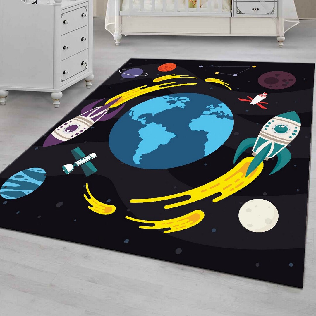Rocket Circular Rug World Planet, Space, Rocket Design Rug, Kids Rug, Rocket Rug, Boy Rug ...