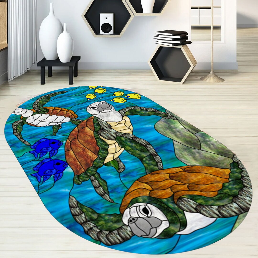 Turtle Colorblock Rug Turtle Pattern Rug, Submarine Pattern, Oval Rug, Fish Figure Rug ...