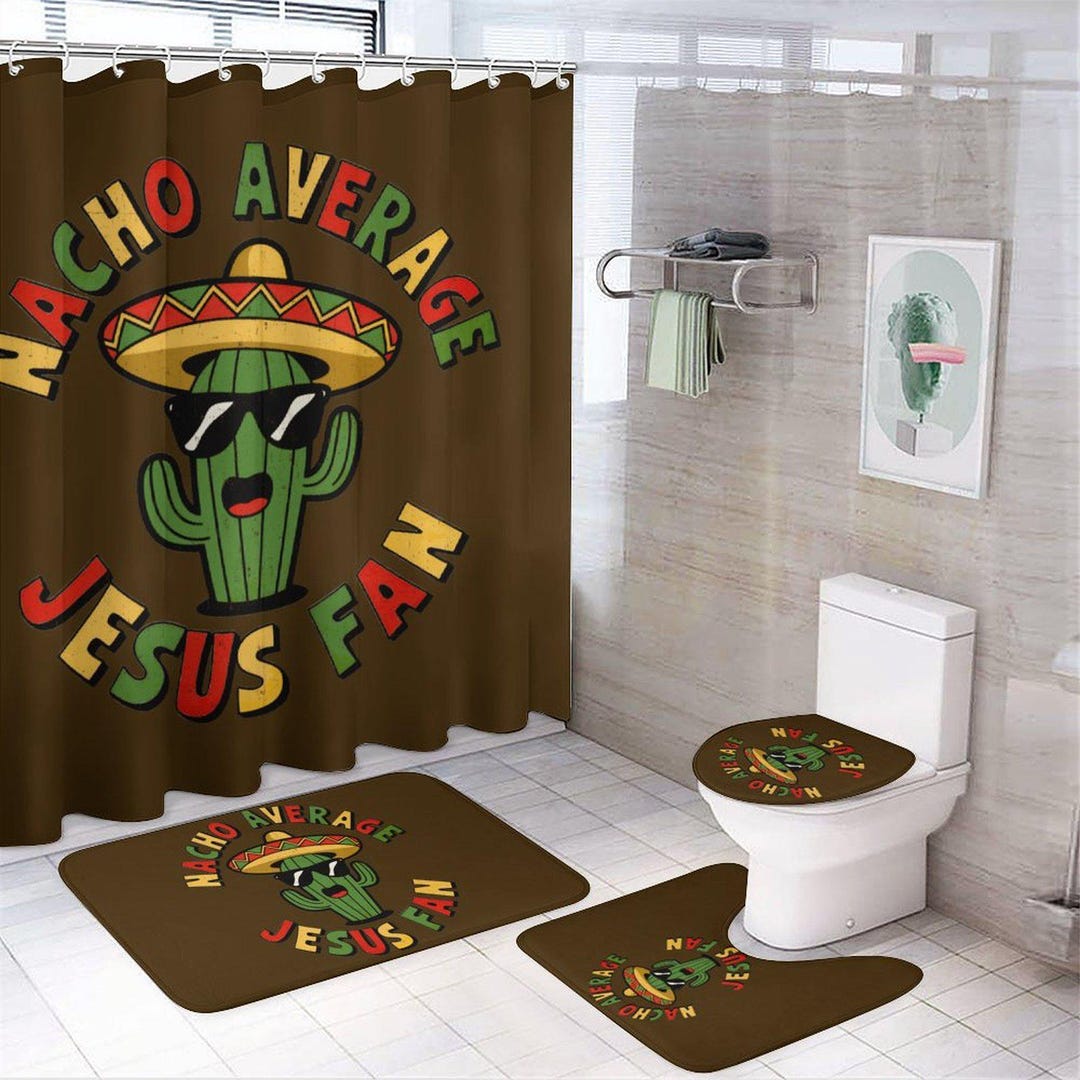Nacho Average Jesus Fan Christian Shower Curtain Set With a Bath