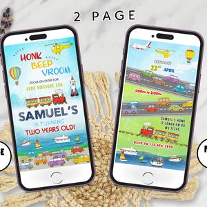 May include: Two-page digital invitation on a smartphone screen. Page 1 features a colorful illustration with the text "HONK BEEP VROOM" and "SAMUEL'S IS TURNING TWO YEARS OLD!". Page 2 includes event details and a train illustration.