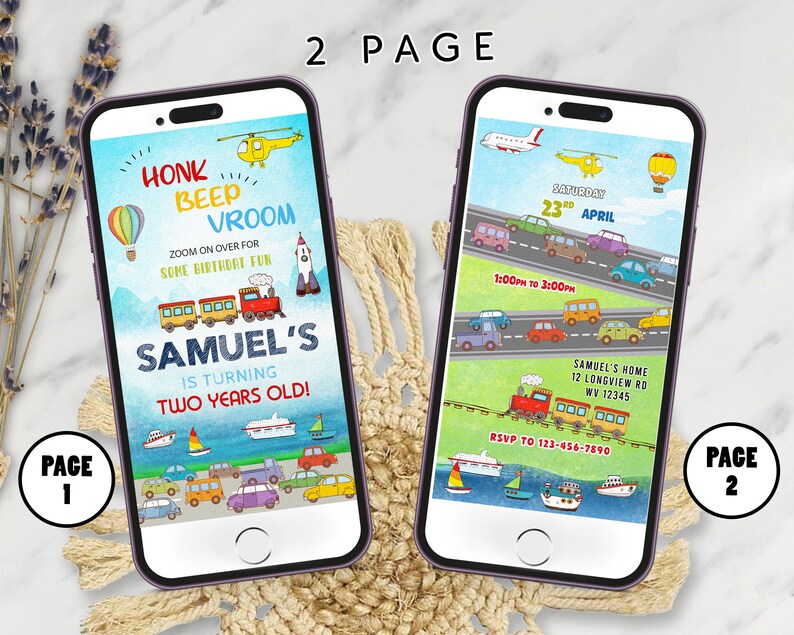 May include: Two-page digital invitation on a smartphone screen. Page 1 features a colorful illustration with the text "HONK BEEP VROOM" and "SAMUEL'S IS TURNING TWO YEARS OLD!". Page 2 includes event details and a train illustration.