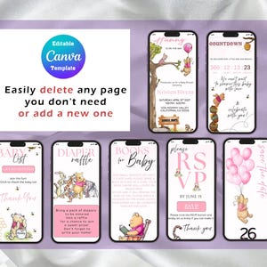 May include: A digital Canva template set for a baby shower featuring Winnie the Pooh illustrations in pink and soft tones. The set includes seven smartphone screens displaying invitation details, a countdown, baby list, diaper raffle, book request, RSVP, and save the date.