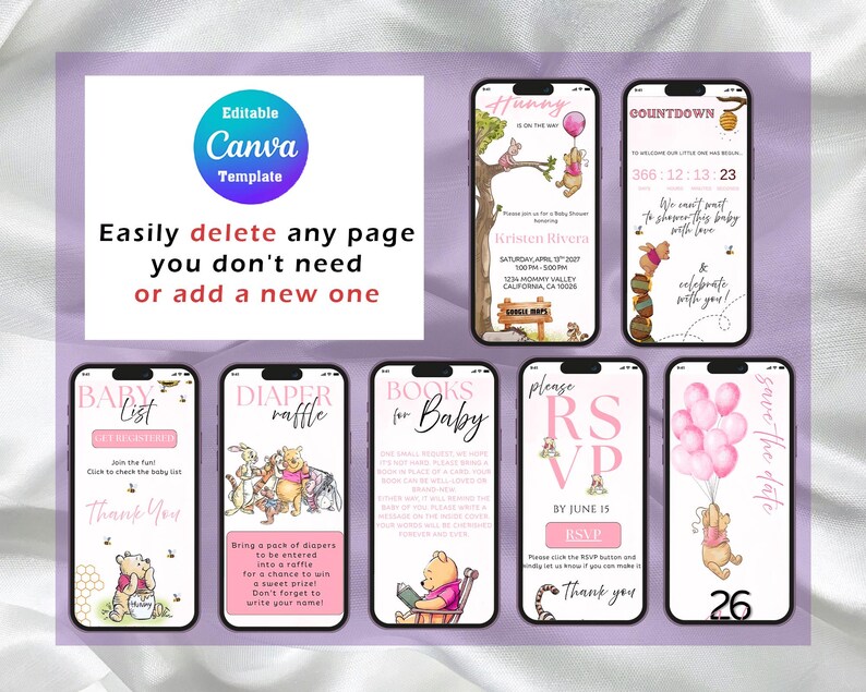 May include: A digital Canva template set for a baby shower featuring Winnie the Pooh illustrations in pink and soft tones. The set includes seven smartphone screens displaying invitation details, a countdown, baby list, diaper raffle, book request, RSVP, and save the date.