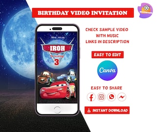 Editable Car Birthday Invitation Video | Lightning McQueen Invite | Canva Template | Digital Download